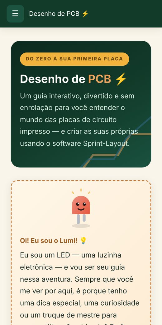 O ebook Desenho de PCB com Sprint-Layout - Guia Interativo aberto em um celular